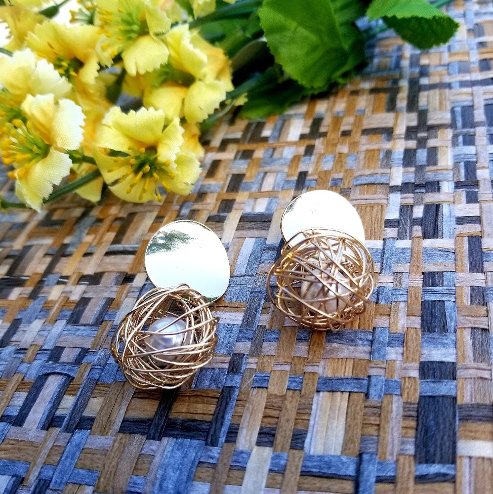 Wire wrapped Geometric Pearl Dangle Drop Earrings